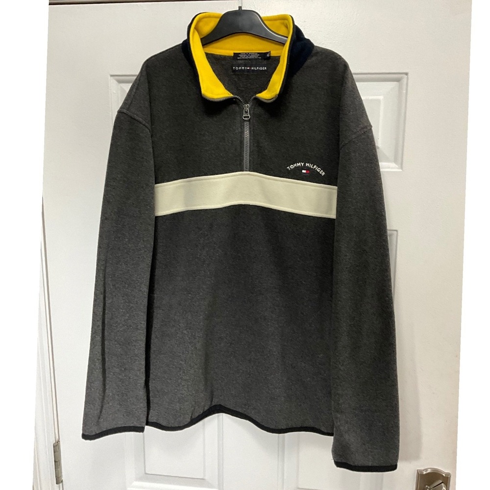 Tommy Hilfiger Mens XL Fleece Quarter Zip Pullover Gray Yellow Stripe Mock Neck
